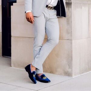 Caesar Walks Men’s Navy Blue Velour Loafers Gold Embroidered Luxury Slip-On